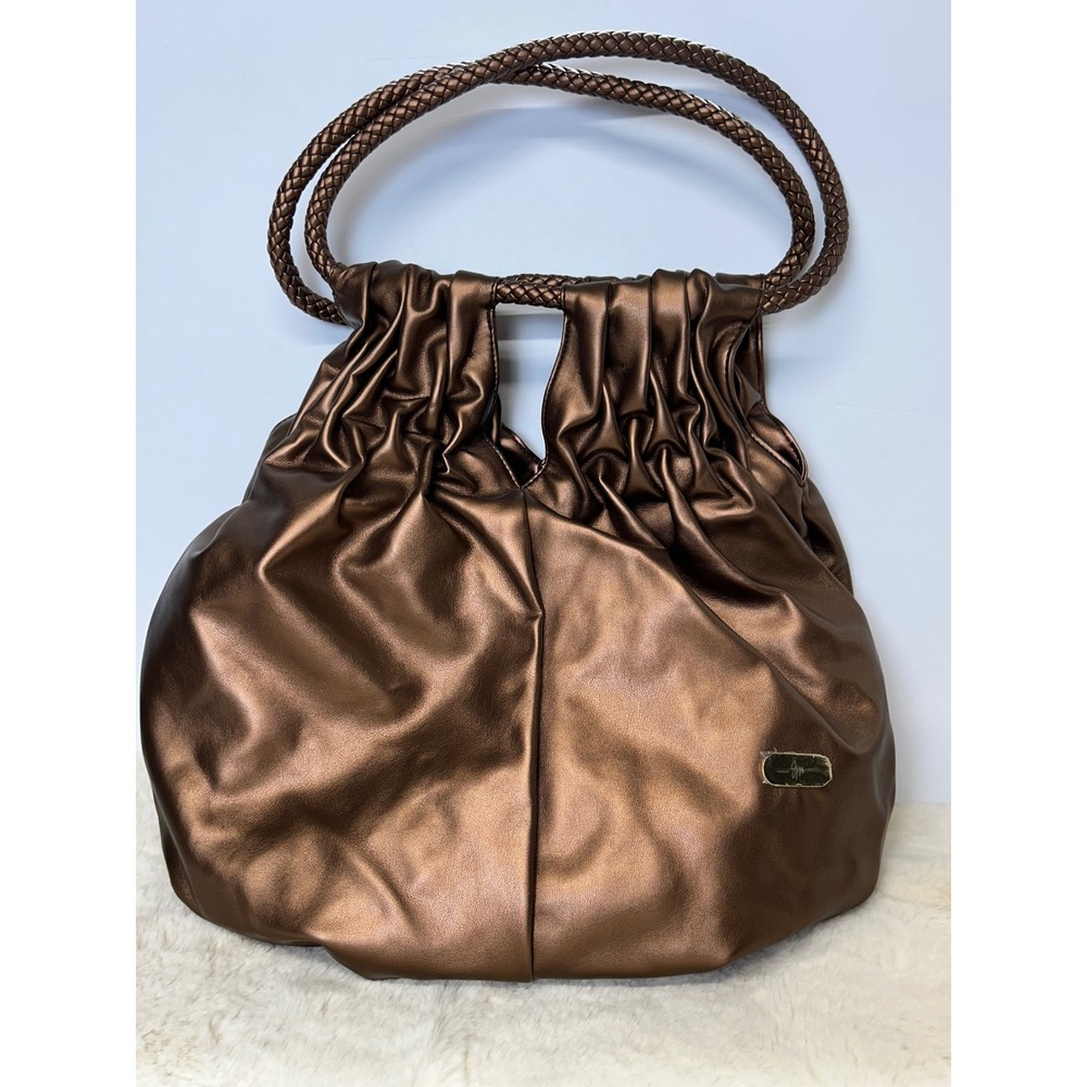 JM Metallic Bronze Slouchy‎ Hobo Bag Braided Handle Pleated Tote